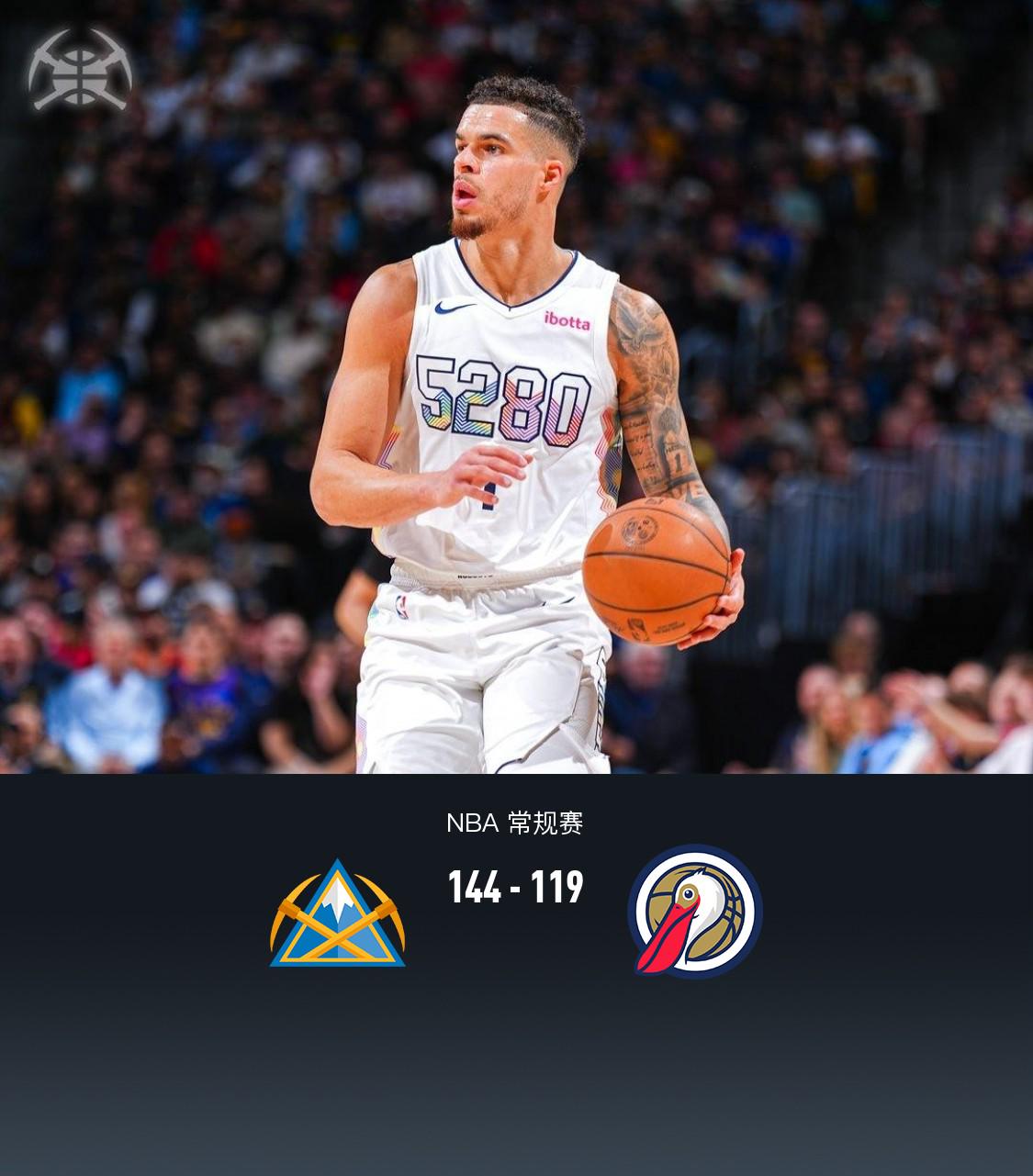 掘金144-119大勝鵜鶘，小波特39+12，約基奇38+8+10
